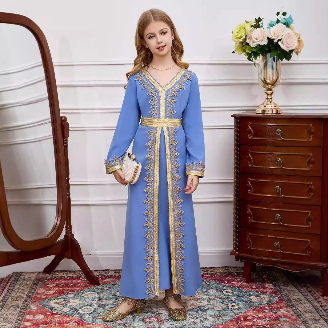 Girls V - Neck Patchwork Lace Kid Abaya(MKG010) - Mariam's Collection