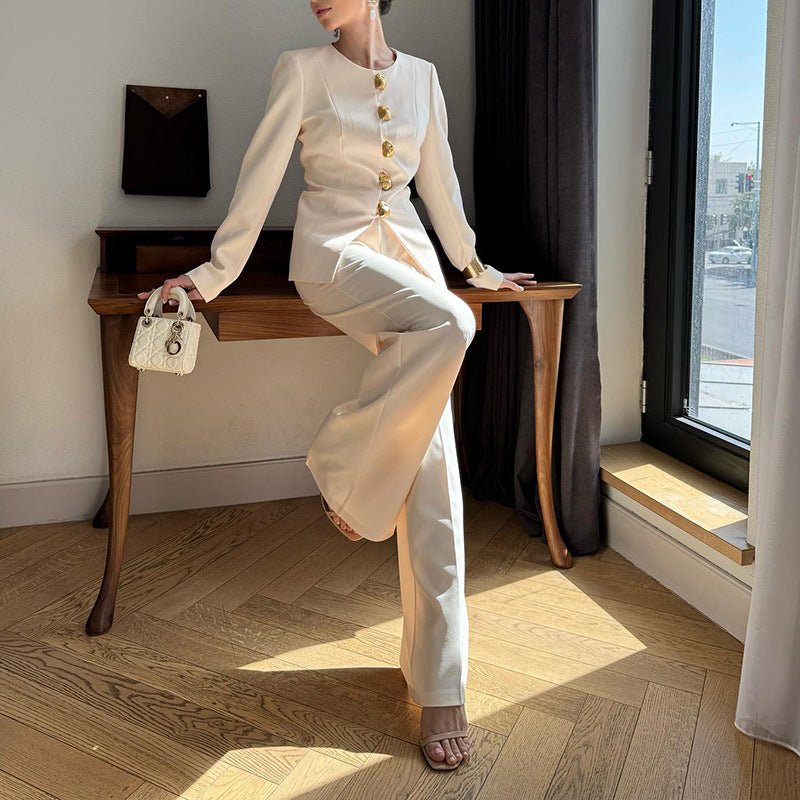 Gold Button Blazer & Straight Leg Pants Set(MS398) - Mariam's Collection