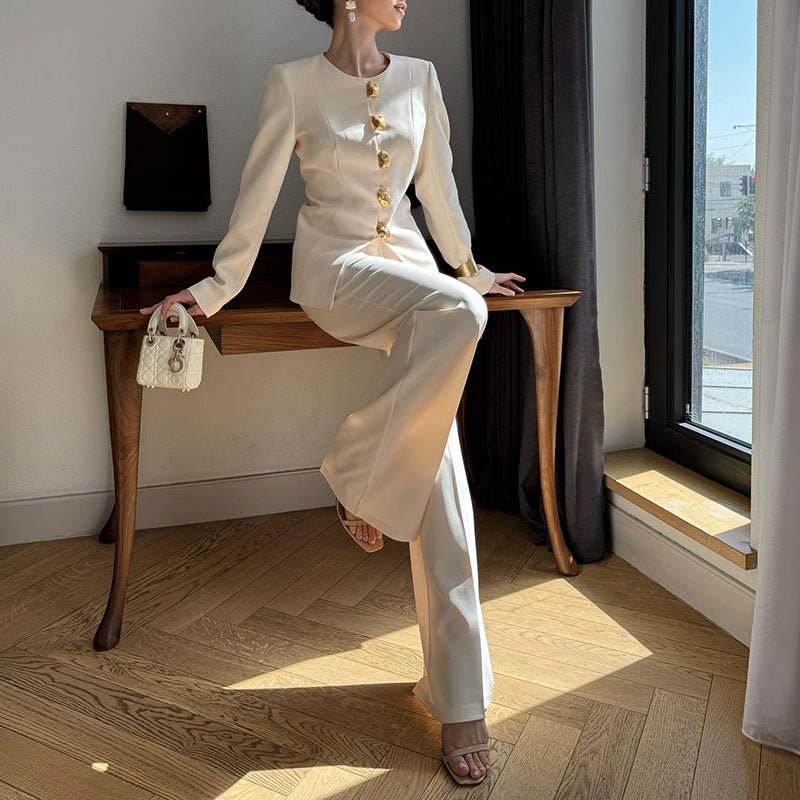 Gold Button Blazer & Straight Leg Pants Set(MS398) - Mariam's Collection