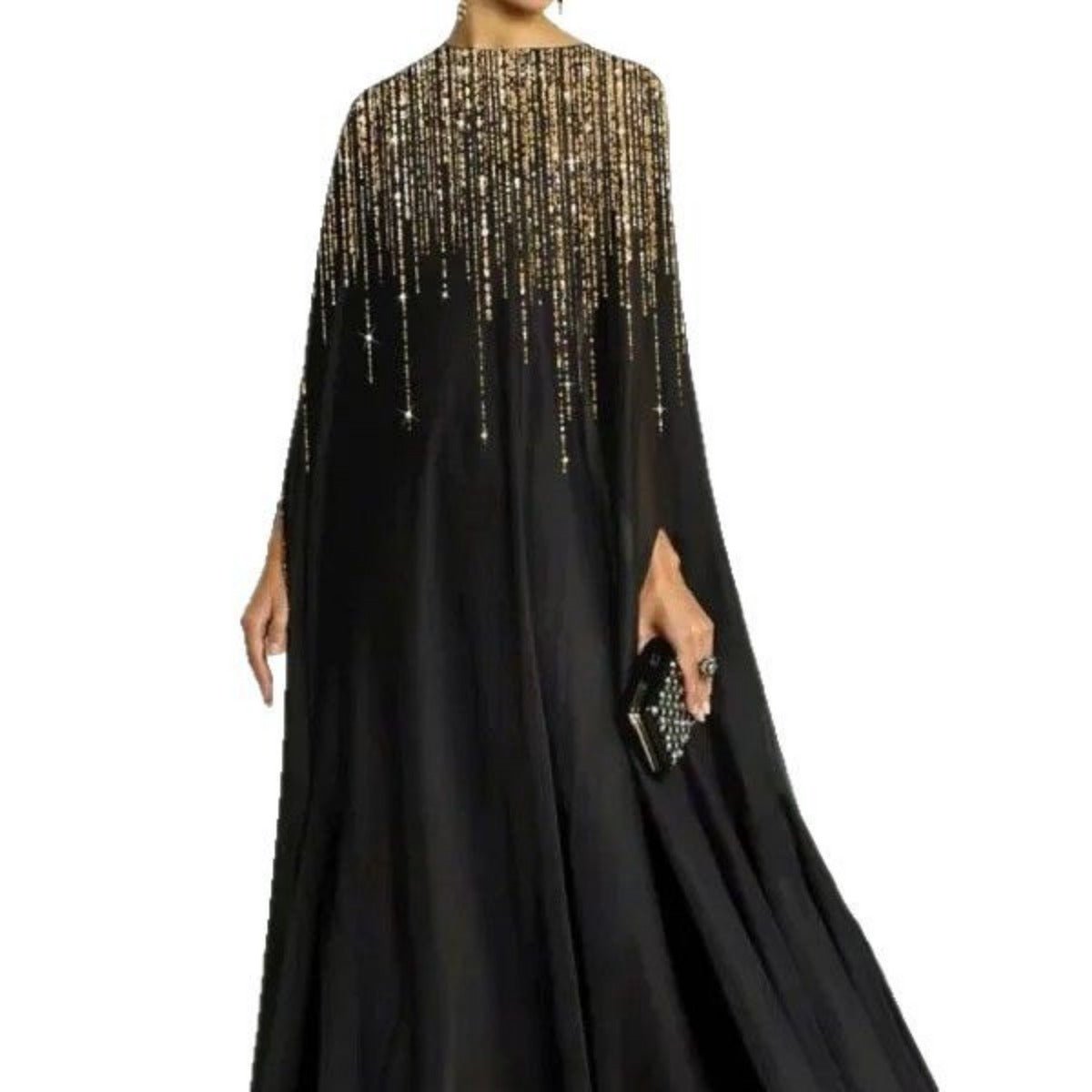 Golden Fringe Evening Abaya | Black Maxi Dress with Beaded Tassel Details. (MA239) - Mariam's Collection