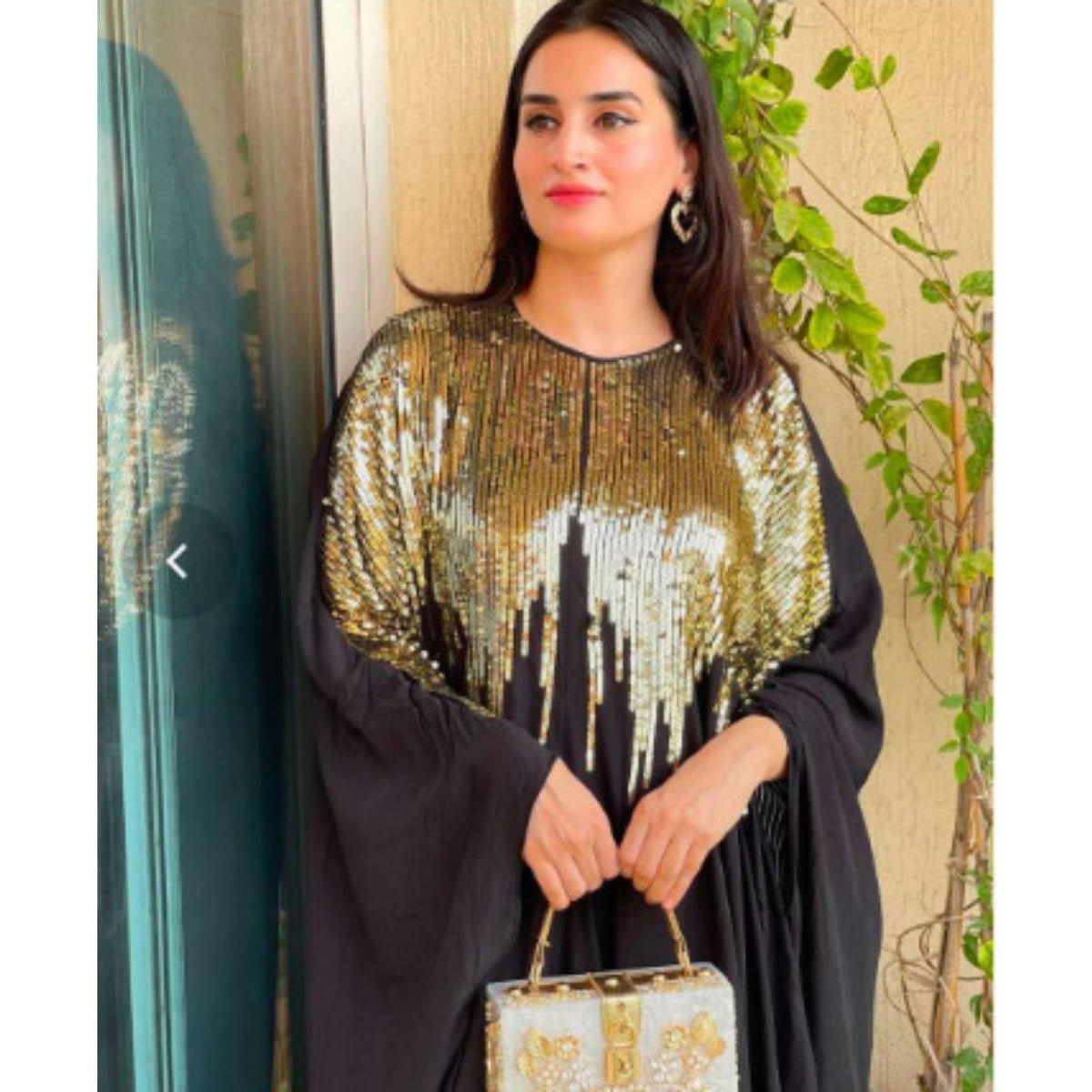 Golden Fringe Evening Abaya | Black Maxi Dress with Beaded Tassel Details. (MA239) - Mariam's Collection