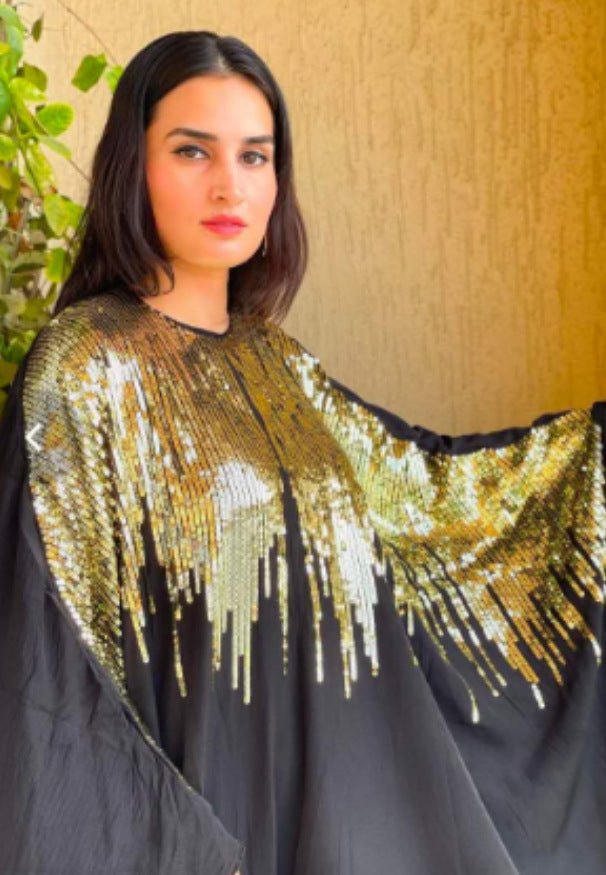 Golden Fringe Evening Abaya | Black Maxi Dress with Beaded Tassel Details. (MA239) - Mariam's Collection