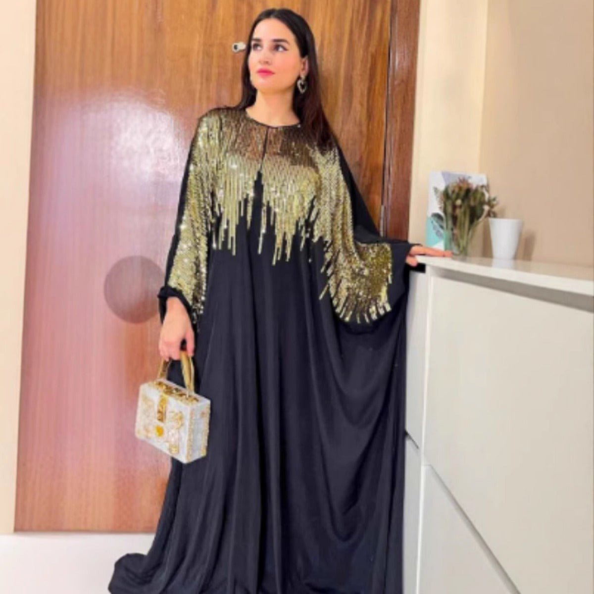 Golden Fringe Evening Abaya | Black Maxi Dress with Beaded Tassel Details. (MA239) - Mariam's Collection