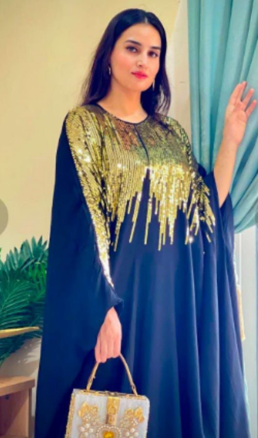 Golden Fringe Evening Abaya | Black Maxi Dress with Beaded Tassel Details. (MA239) - Mariam's Collection