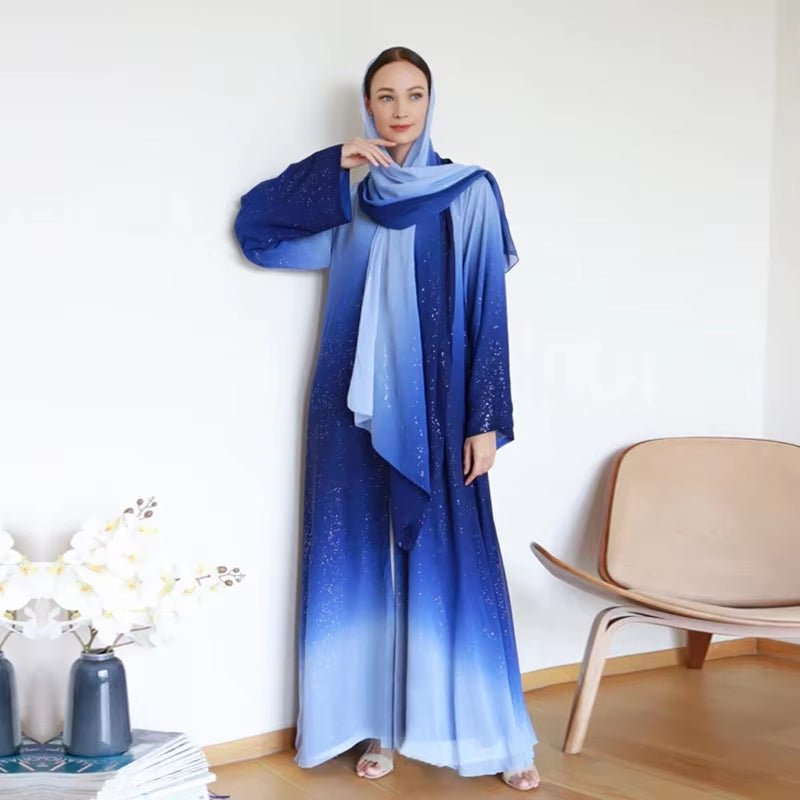 Gradient Glitter Chiffon Open Abaya 2 - Piece Set (MOA097) - Mariam's Collection