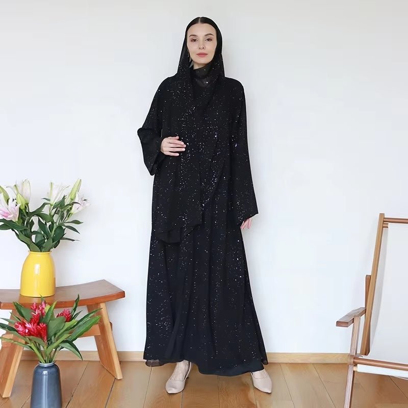 Gradient Glitter Chiffon Open Abaya 2 - Piece Set (MOA097) - Mariam's Collection