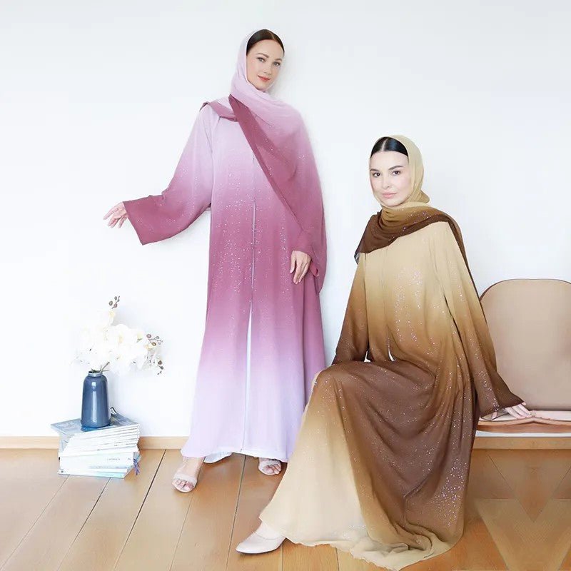 Gradient Abaya Set: Glitter Open Abaya With Inner Dress and Matching Hijab (MOA097)