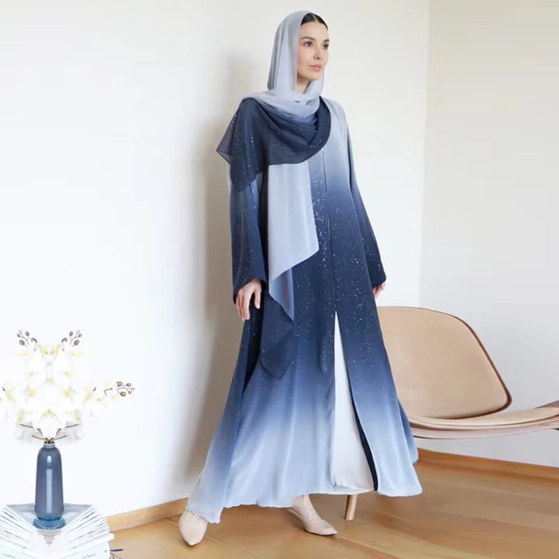 Gradient Glitter Chiffon Open Abaya 2 - Piece Set (MOA097) - Mariam's Collection