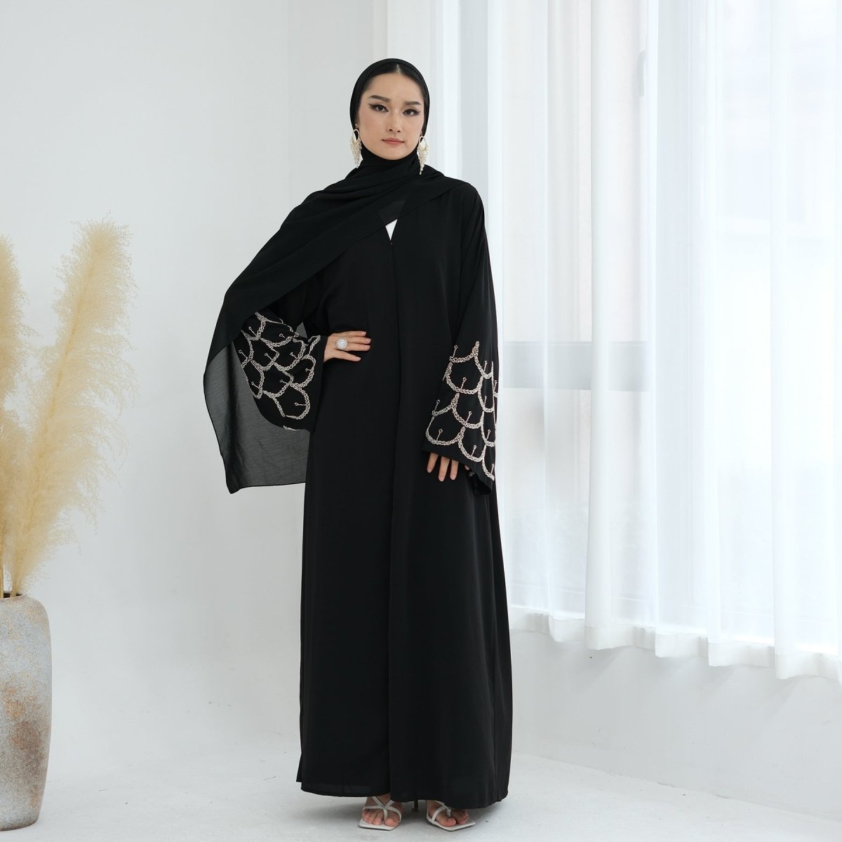 Hand - Beaded Abaya with Hijab | Scallop Pattern Embellished Cardigan (MOA249) - Mariam's Collection