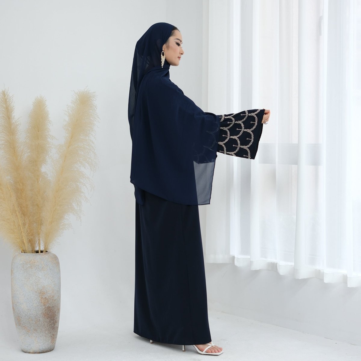 Hand - Beaded Abaya with Hijab | Scallop Pattern Embellished Cardigan (MOA249) - Mariam's Collection