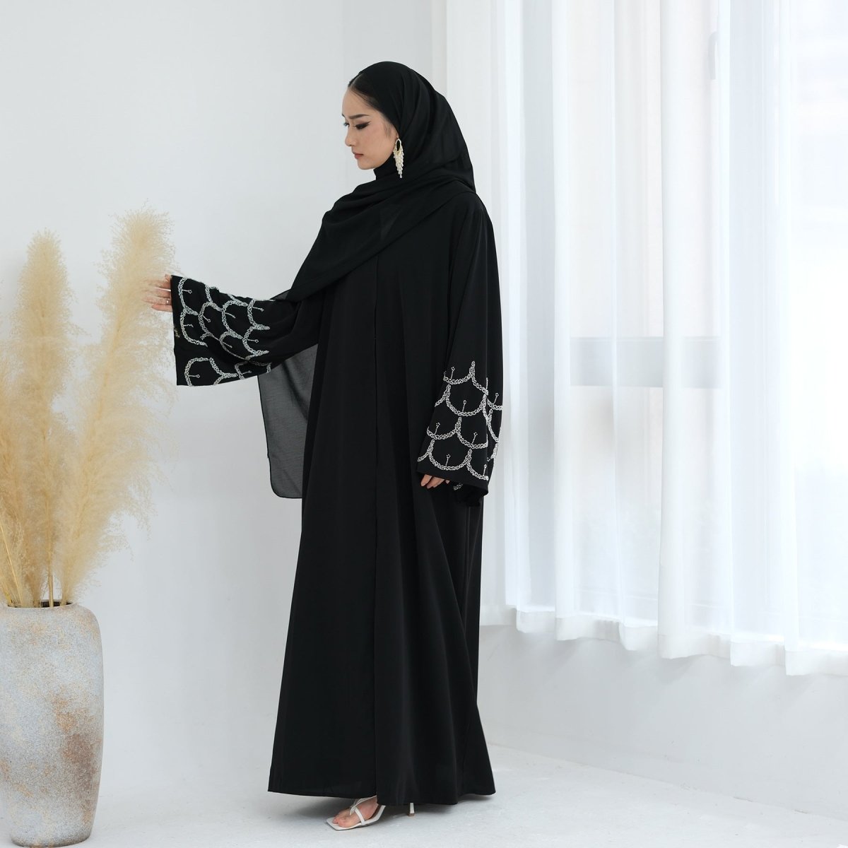 Hand - Beaded Abaya with Hijab | Scallop Pattern Embellished Cardigan (MOA249) - Mariam's Collection