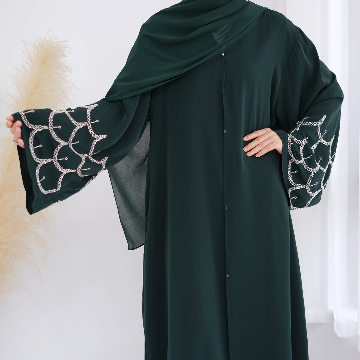Hand - Beaded Abaya with Hijab | Scallop Pattern Embellished Cardigan (MOA249) - Mariam's Collection
