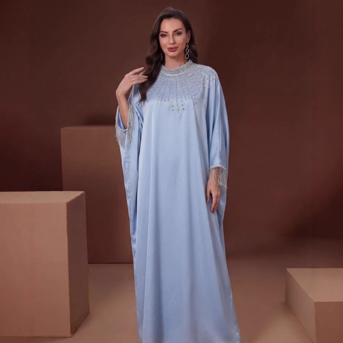 Crystal bodice satin kaftan in lake blue with rhinestone collar band