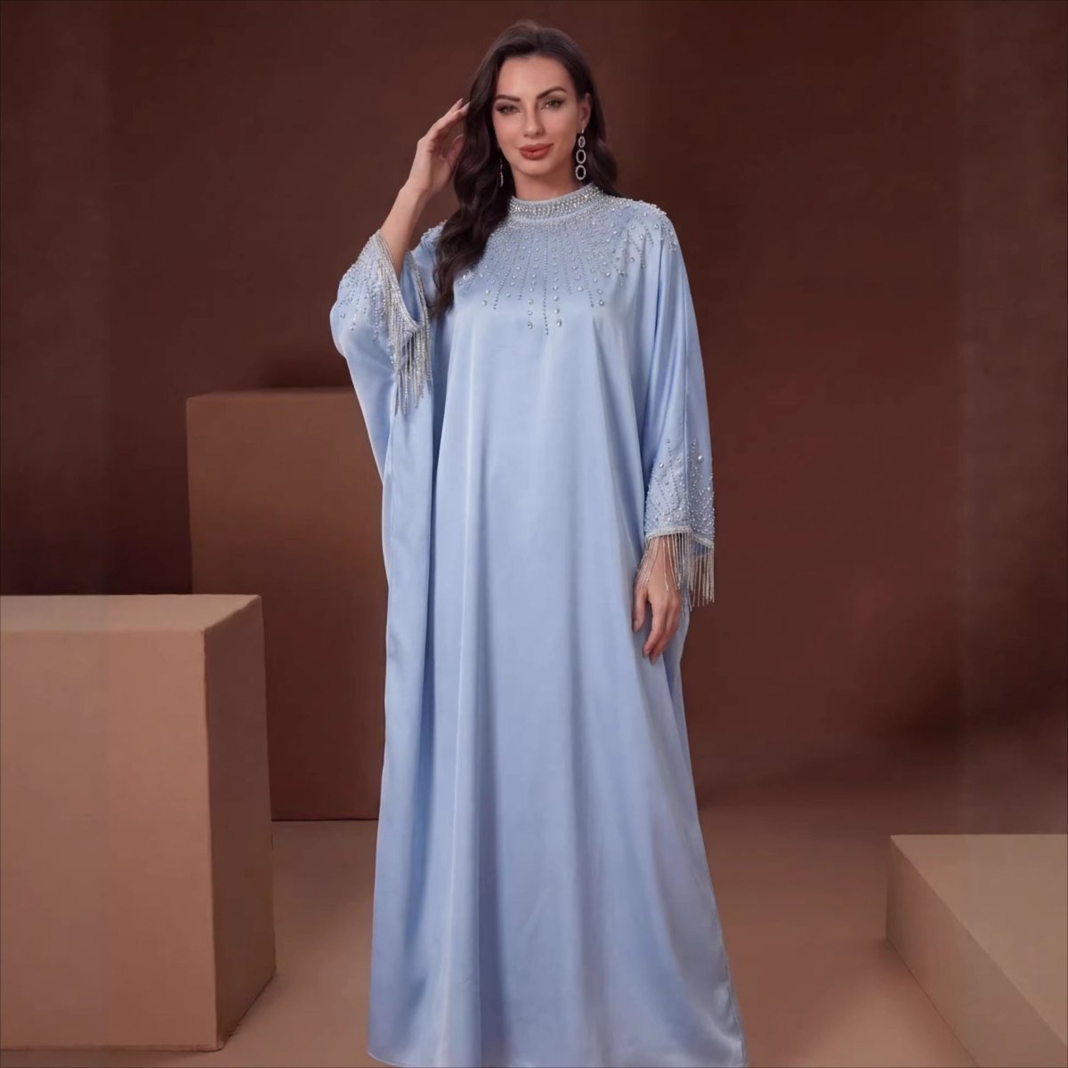 Hand-Beaded Crystal Bodice Satin Kaftan — Luxury Modest Kaftan