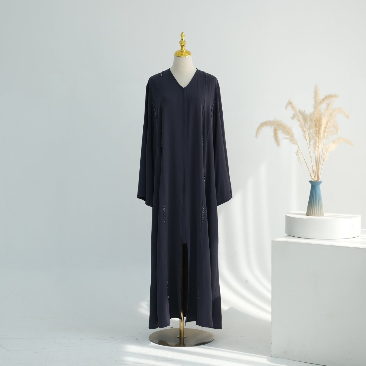 Hand-Beaded Linen Open Abaya(MOA320) - Mariam's Collection