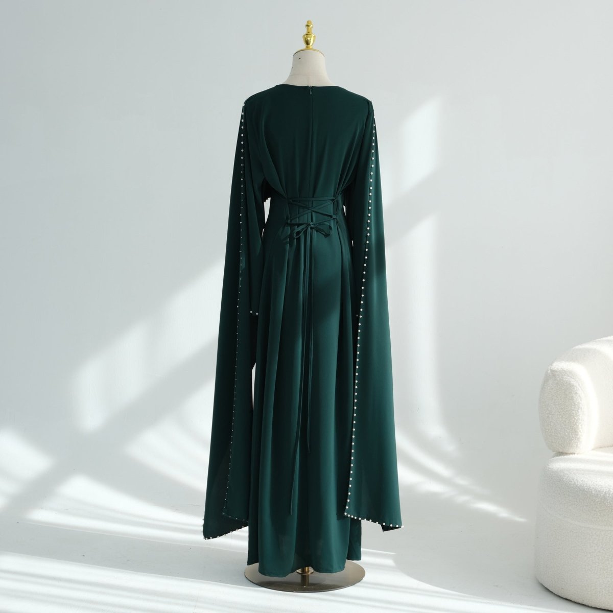 Hand-Beaded Pearl Cape Sleeve Nida Maxi Dress(MS439) - Mariam's Collection