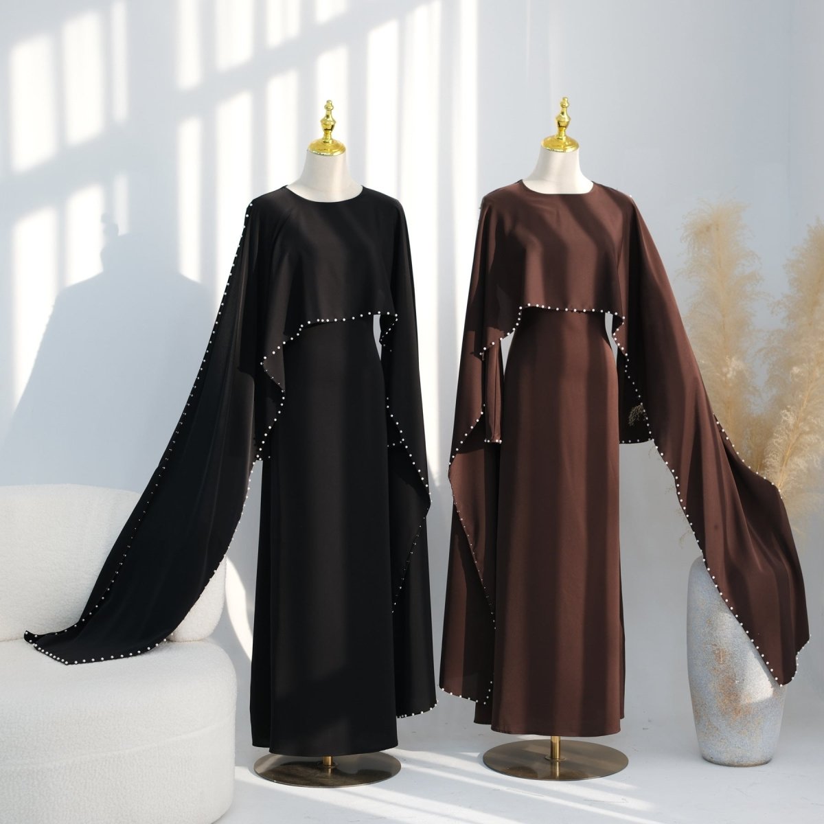 Hand-Beaded Pearl Cape Sleeve Nida Maxi Dress(MS439) - Mariam's Collection