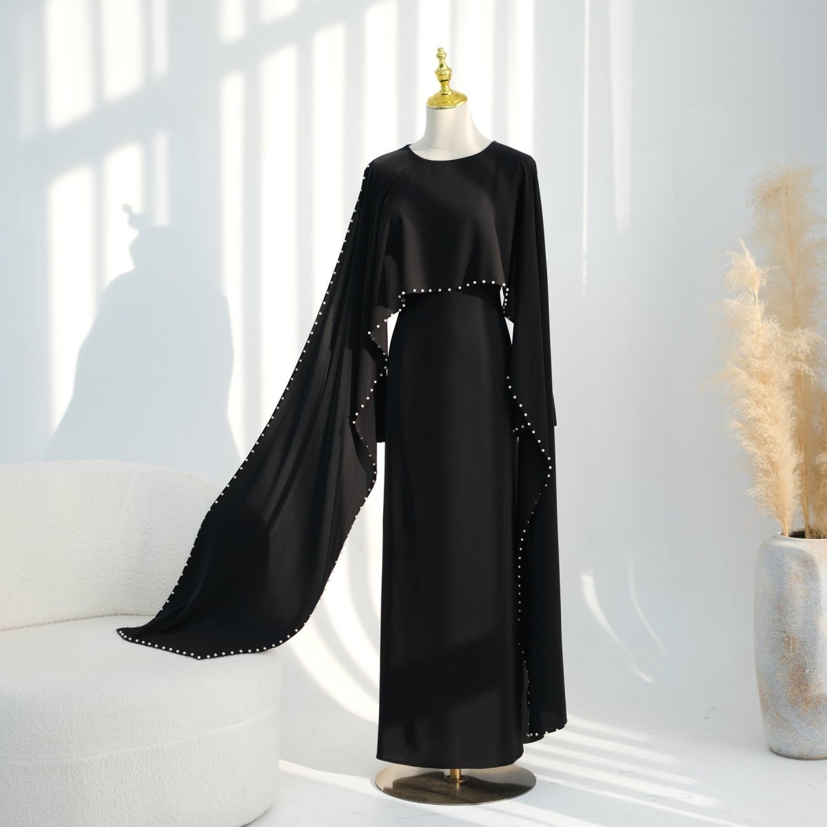 Hand-Beaded Pearl Cape Sleeve Nida Maxi Dress(MS439) - Mariam's Collection
