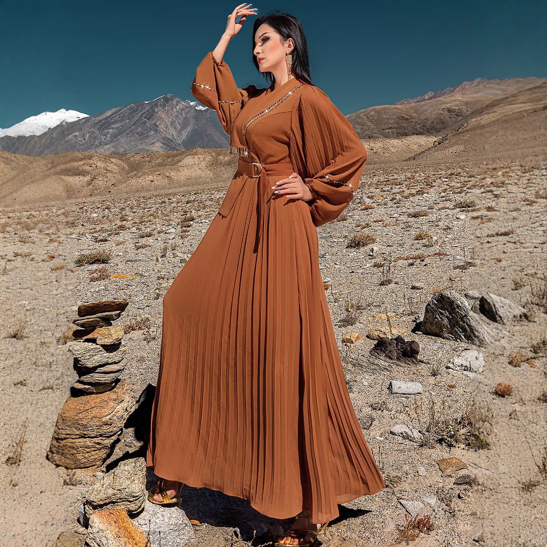 Hand - Beaded V - Neck Pleated Maxi Dress | Bubble Sleeve Crystal Embellished Gown(MS212) - Mariam's Collection