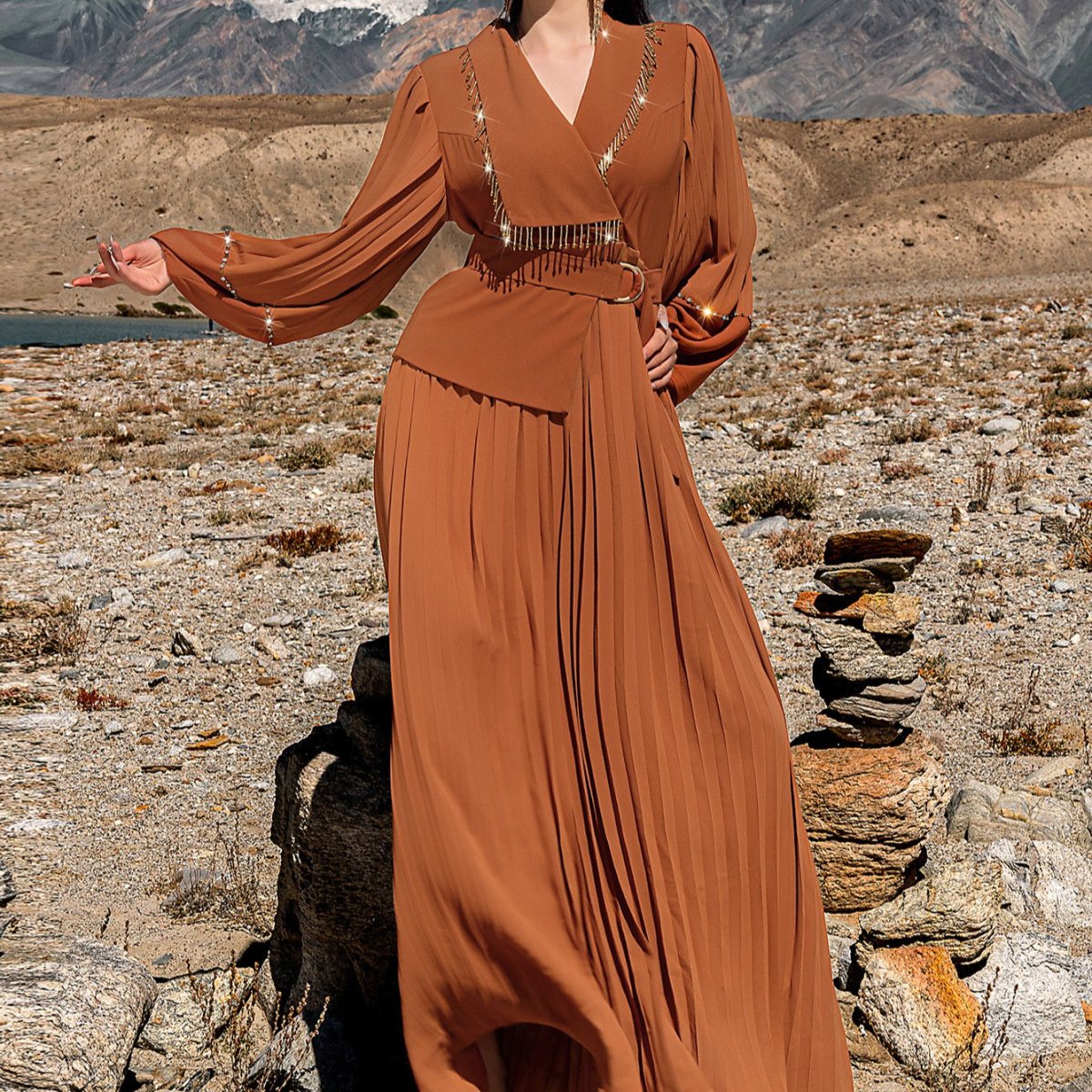 Hand - Beaded V - Neck Pleated Maxi Dress | Bubble Sleeve Crystal Embellished Gown(MS212) - Mariam's Collection