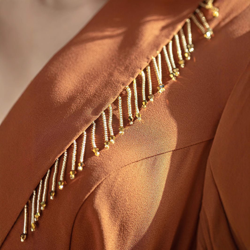 Hand - Beaded V - Neck Pleated Maxi Dress | Bubble Sleeve Crystal Embellished Gown(MS212) - Mariam's Collection