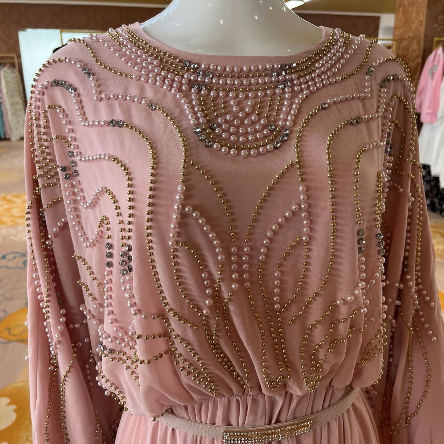 Handbeaded Pearl & Crystal Batwing Maxi Dress(MS529) - Mariam's Collection