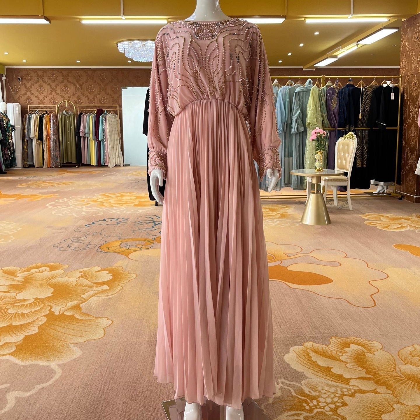 Handbeaded Pearl & Crystal Batwing Maxi Dress(MS529) - Mariam's Collection