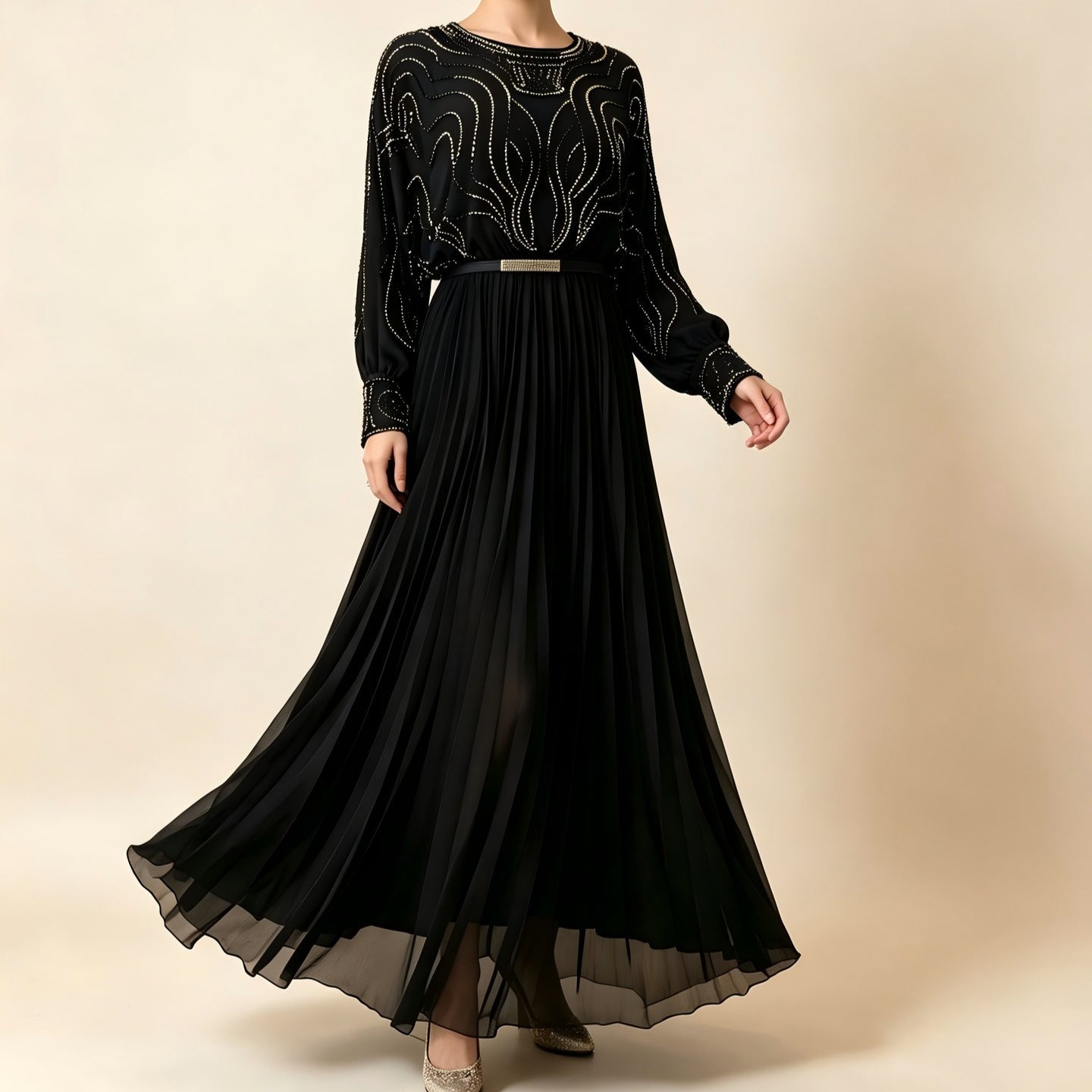 Handbeaded Pearl & Crystal Batwing Maxi Dress(MS529) - Mariam's Collection