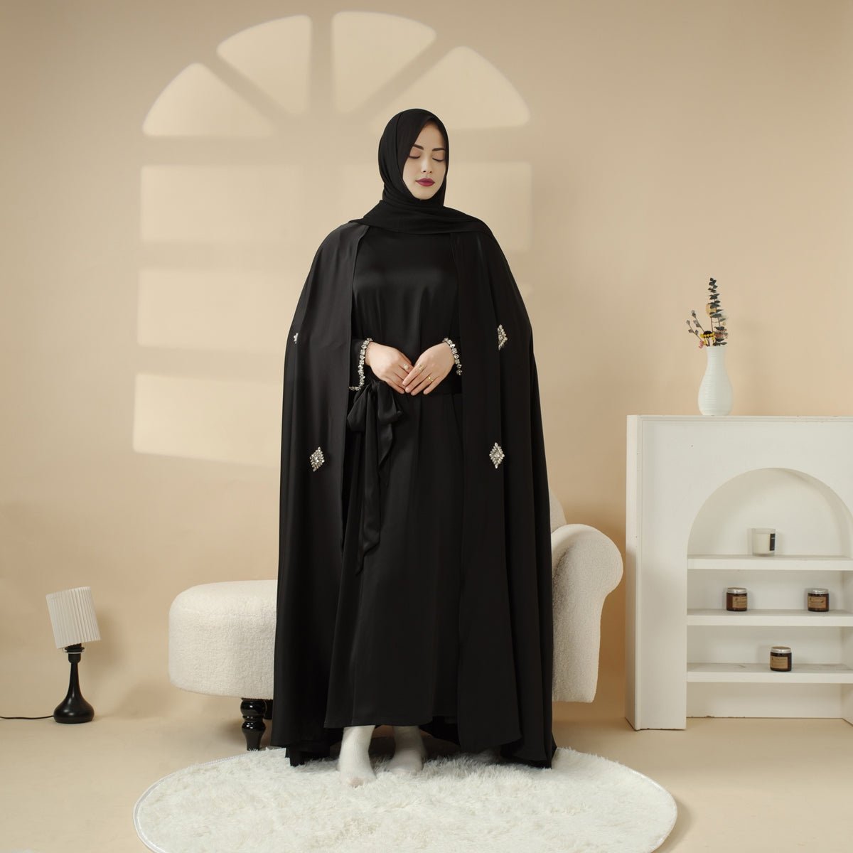 Haute Couture Heavy Craftion Rhinestone Cape Abaya (MOA067) - Mariam's Collection