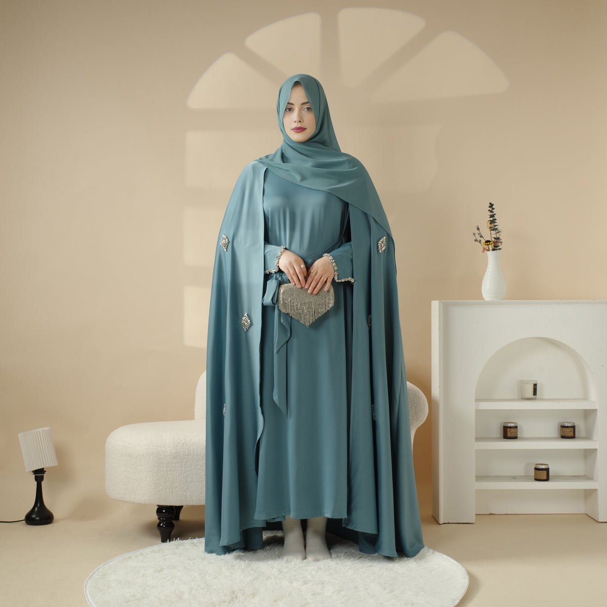 Haute Couture Heavy Craftion Rhinestone Cape Abaya (MOA067) - Mariam's Collection