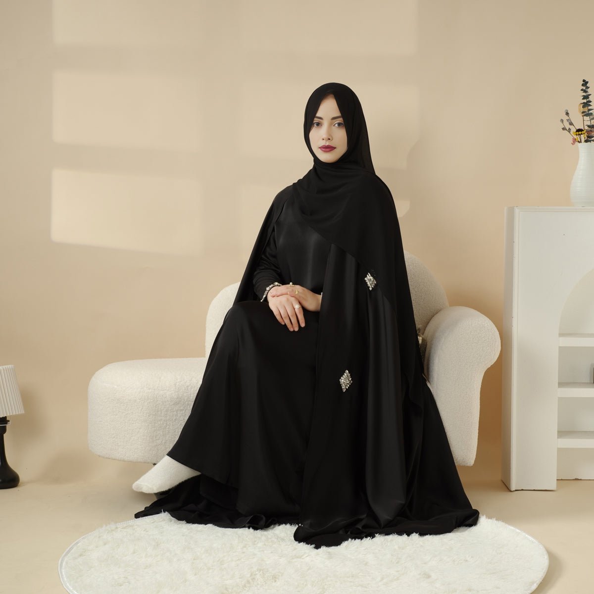 Haute Couture Heavy Craftion Rhinestone Cape Abaya (MOA067) - Mariam's Collection