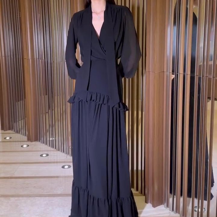 hiffon V - Neck Blouse & Pleated Skirt Set(MS373) - Mariam's Collection