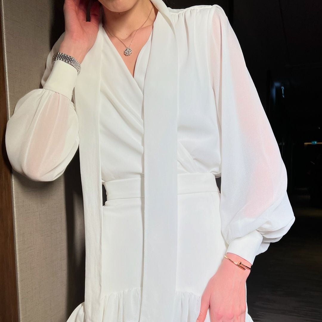 hiffon V - Neck Blouse & Pleated Skirt Set(MS373) - Mariam's Collection