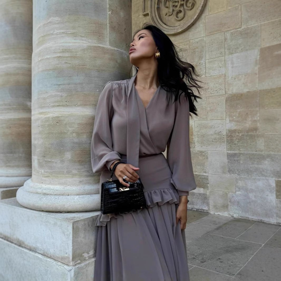 hiffon V - Neck Blouse & Pleated Skirt Set(MS373) - Mariam's Collection