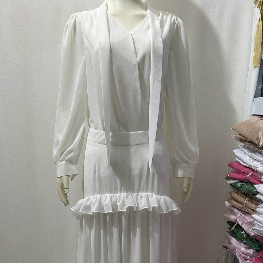 hiffon V - Neck Blouse & Pleated Skirt Set(MS373) - Mariam's Collection