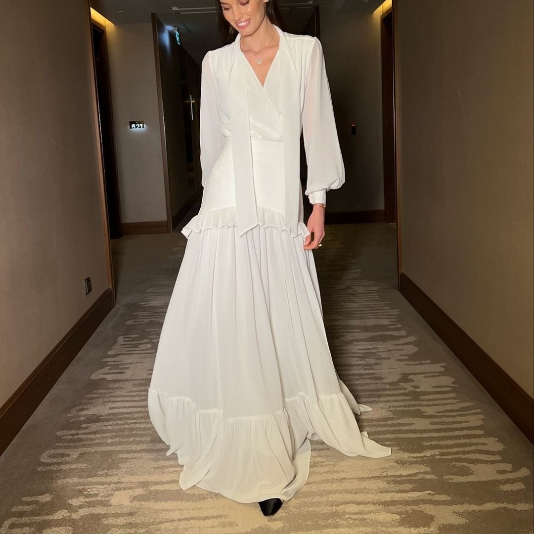 hiffon V - Neck Blouse & Pleated Skirt Set(MS373) - Mariam's Collection