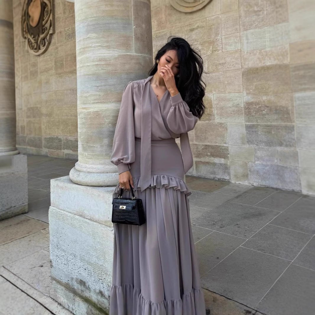 hiffon V - Neck Blouse & Pleated Skirt Set(MS373) - Mariam's Collection