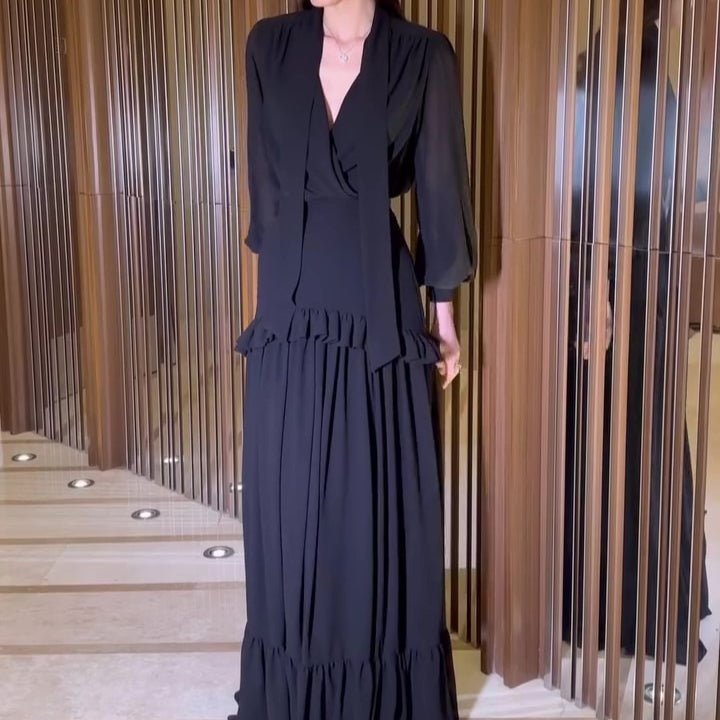 hiffon V - Neck Blouse & Pleated Skirt Set(MS373) - Mariam's Collection