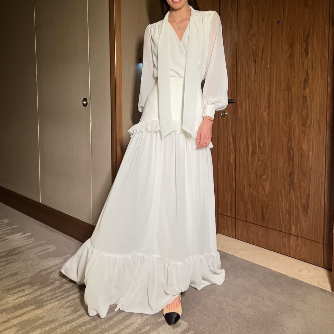 hiffon V - Neck Blouse & Pleated Skirt Set(MS373) - Mariam's Collection