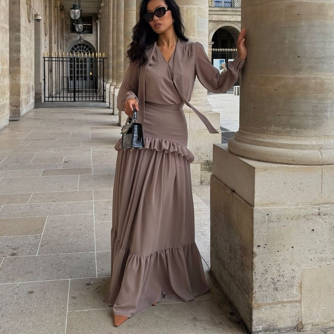 hiffon V - Neck Blouse & Pleated Skirt Set(MS373) - Mariam's Collection