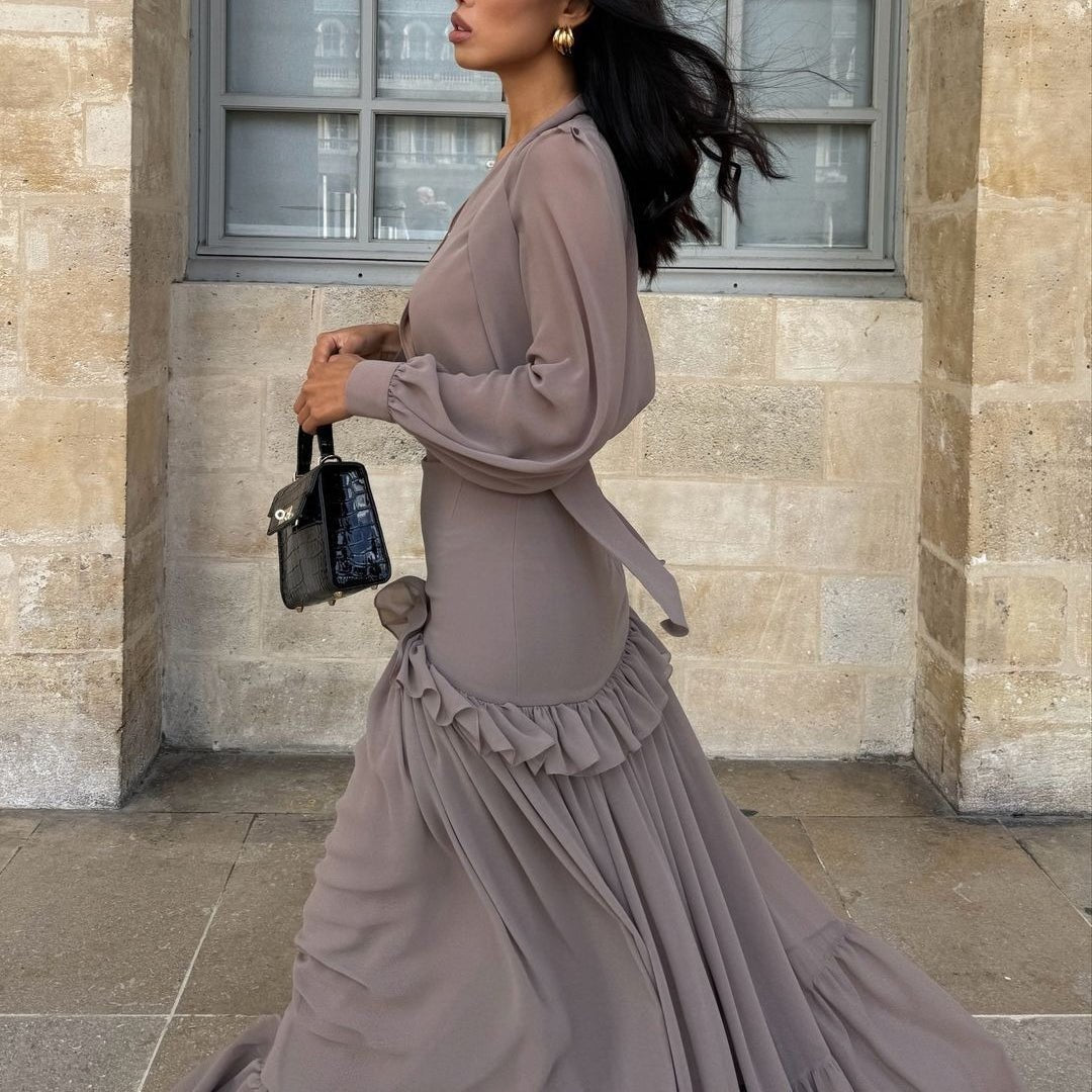 hiffon V - Neck Blouse & Pleated Skirt Set(MS373) - Mariam's Collection