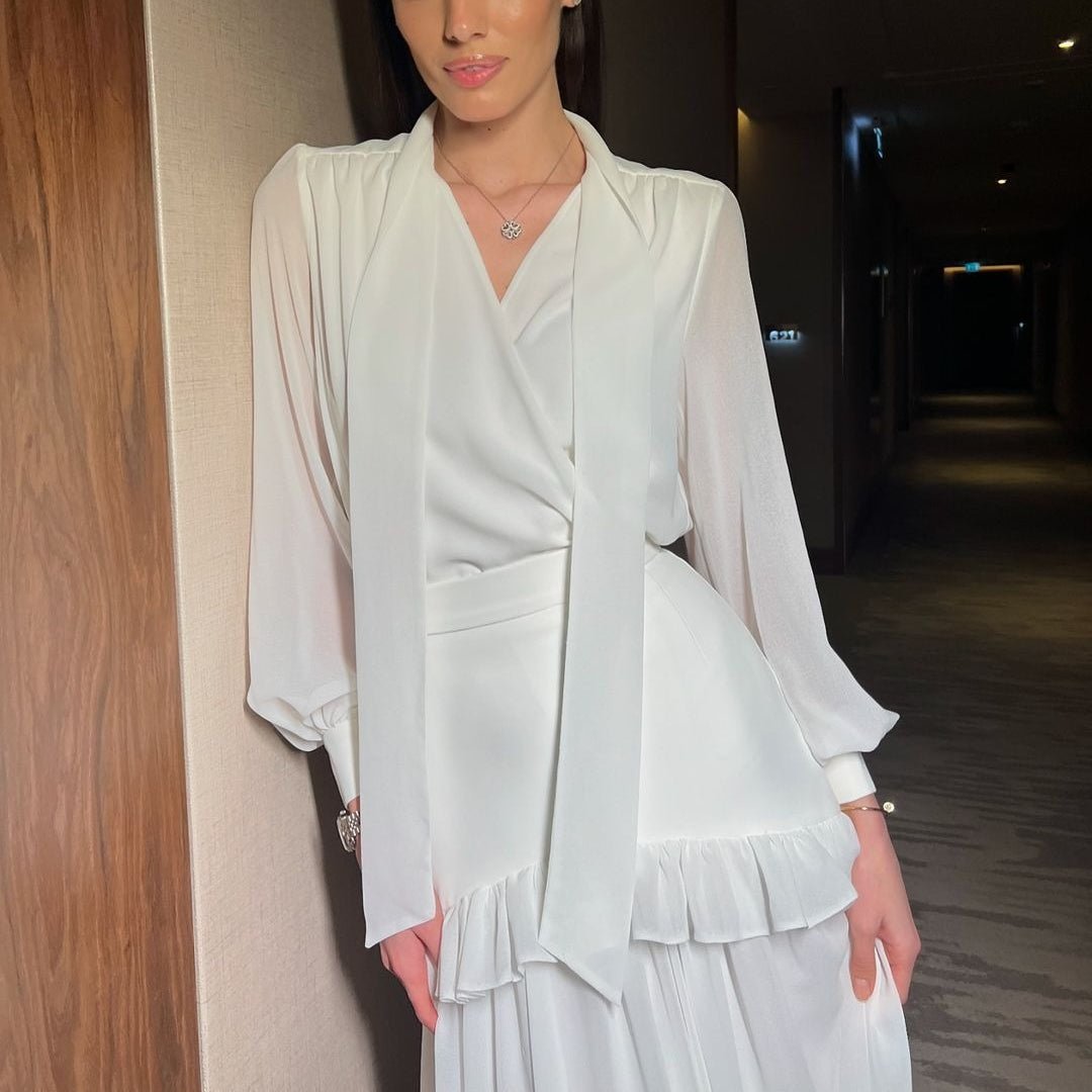 hiffon V - Neck Blouse & Pleated Skirt Set(MS373) - Mariam's Collection