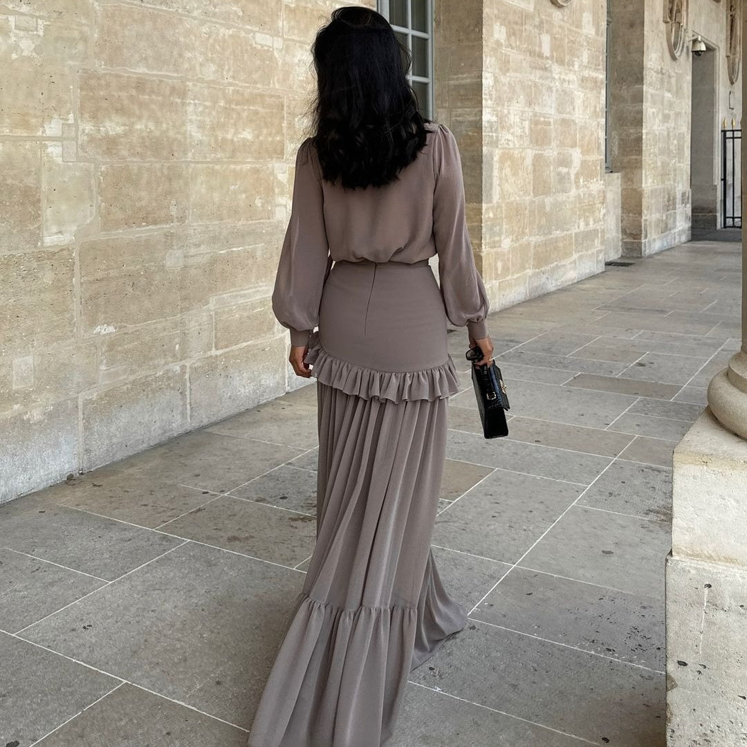 hiffon V - Neck Blouse & Pleated Skirt Set(MS373) - Mariam's Collection