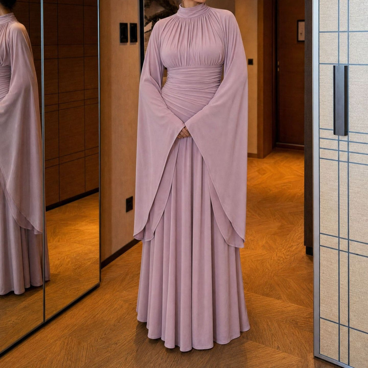 High-Neck Ruched Waist Modest Maxi Dress(MS538) - Mariam's Collection