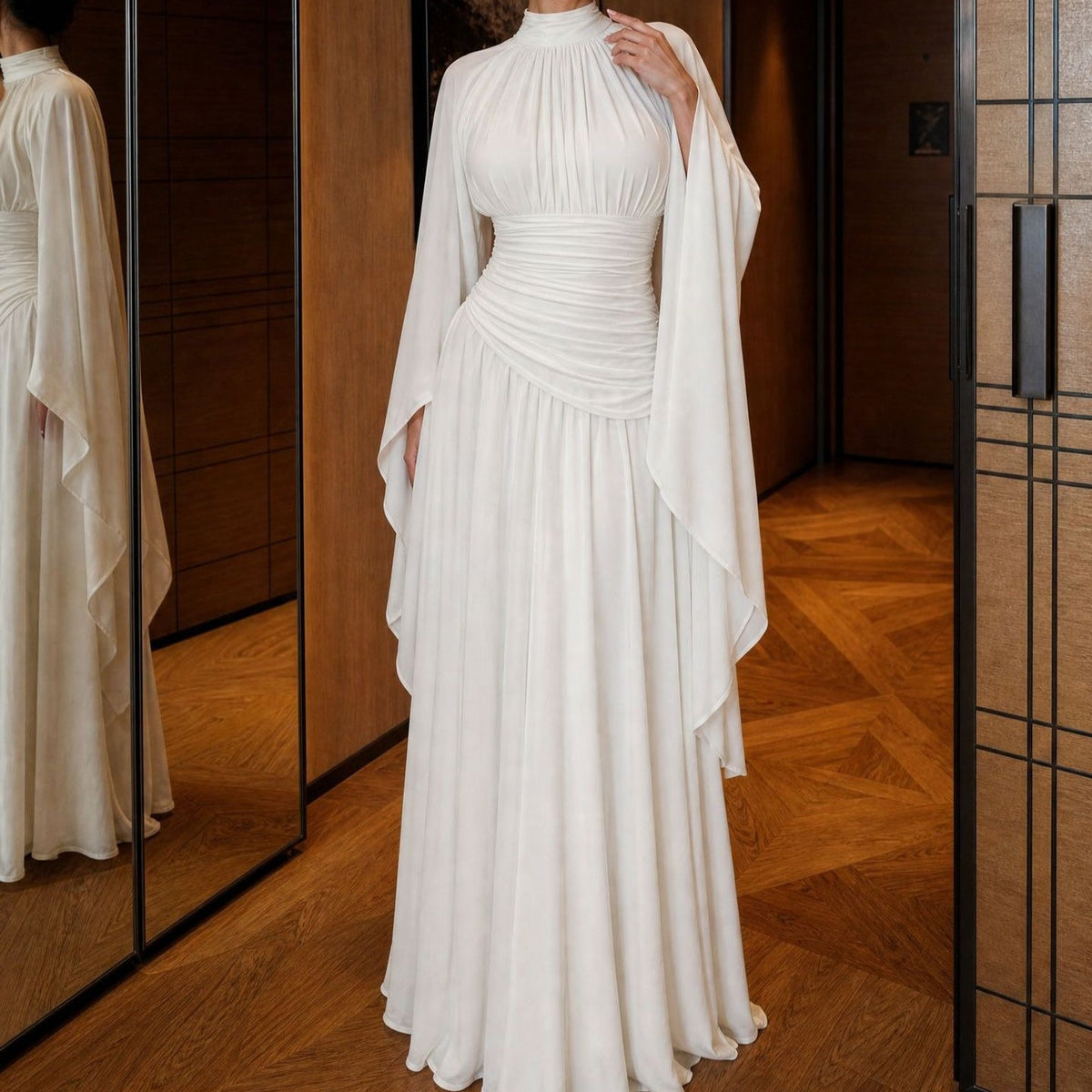 High-Neck Ruched Waist Modest Maxi Dress(MS538) - Mariam's Collection