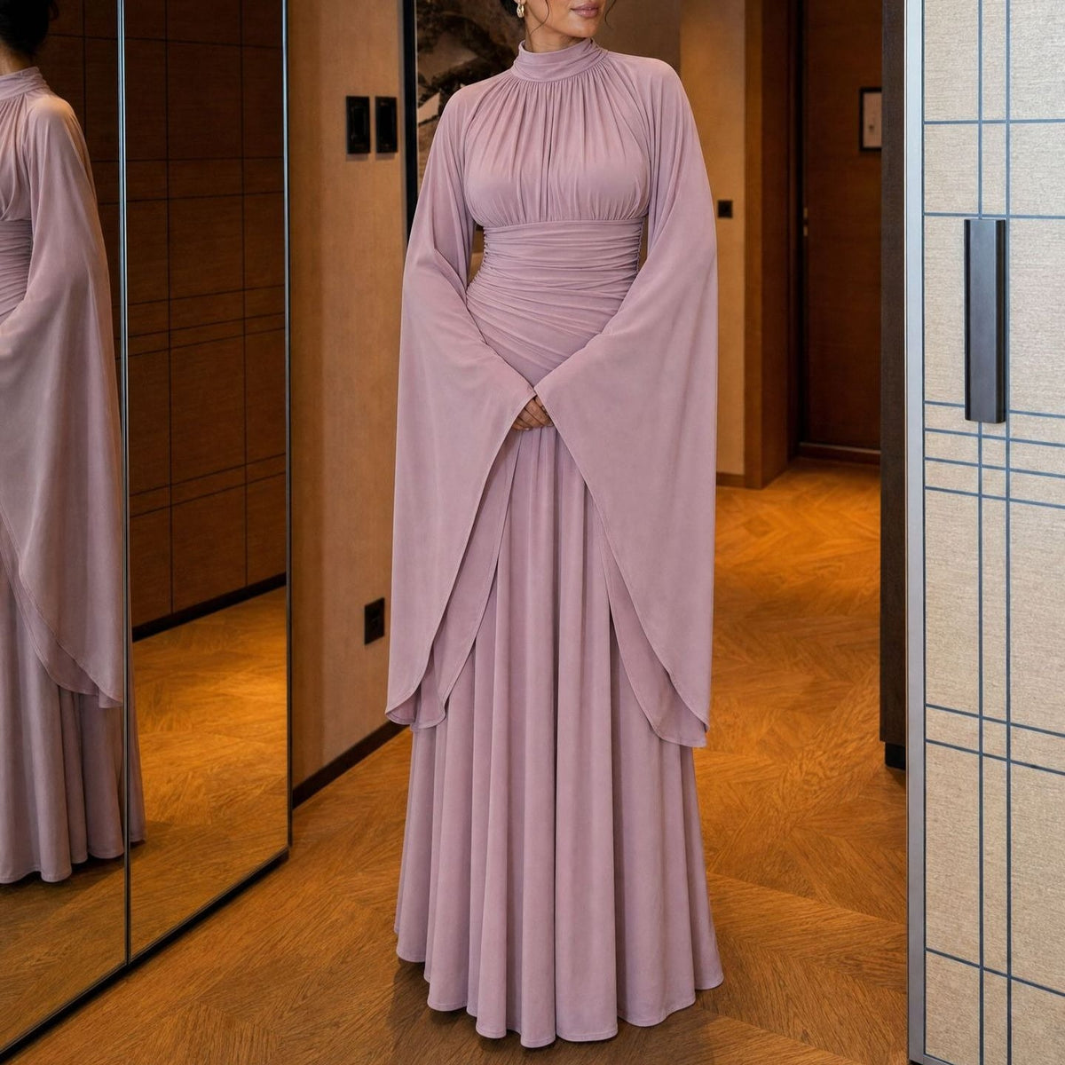 High-Neck Ruched Waist Modest Maxi Dress(MS538) - Mariam's Collection