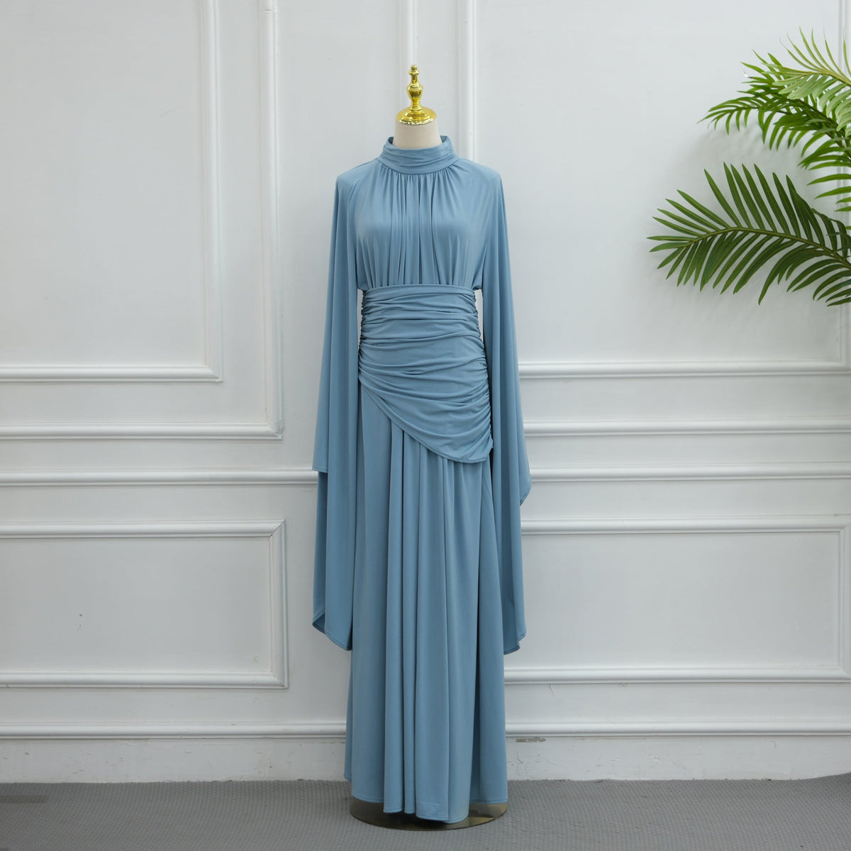 High-Neck Ruched Waist Modest Maxi Dress(MS538) - Mariam's Collection