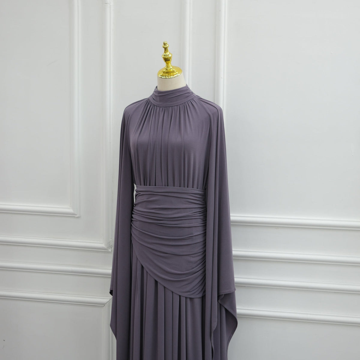 High-Neck Ruched Waist Modest Maxi Dress(MS538) - Mariam's Collection