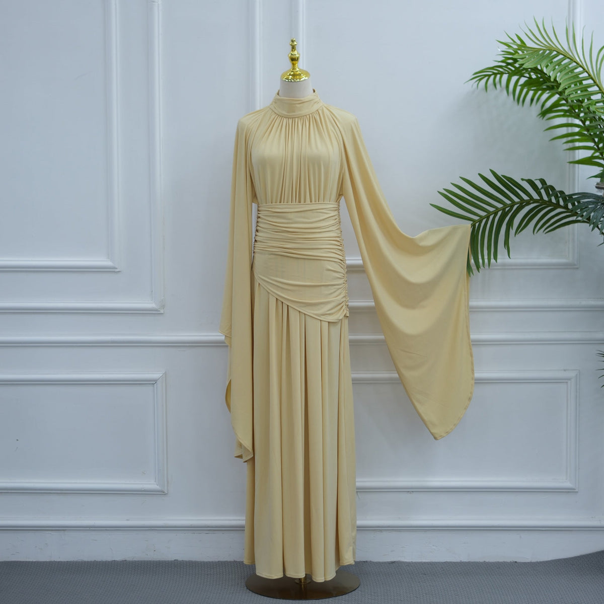 High-Neck Ruched Waist Modest Maxi Dress(MS538) - Mariam's Collection