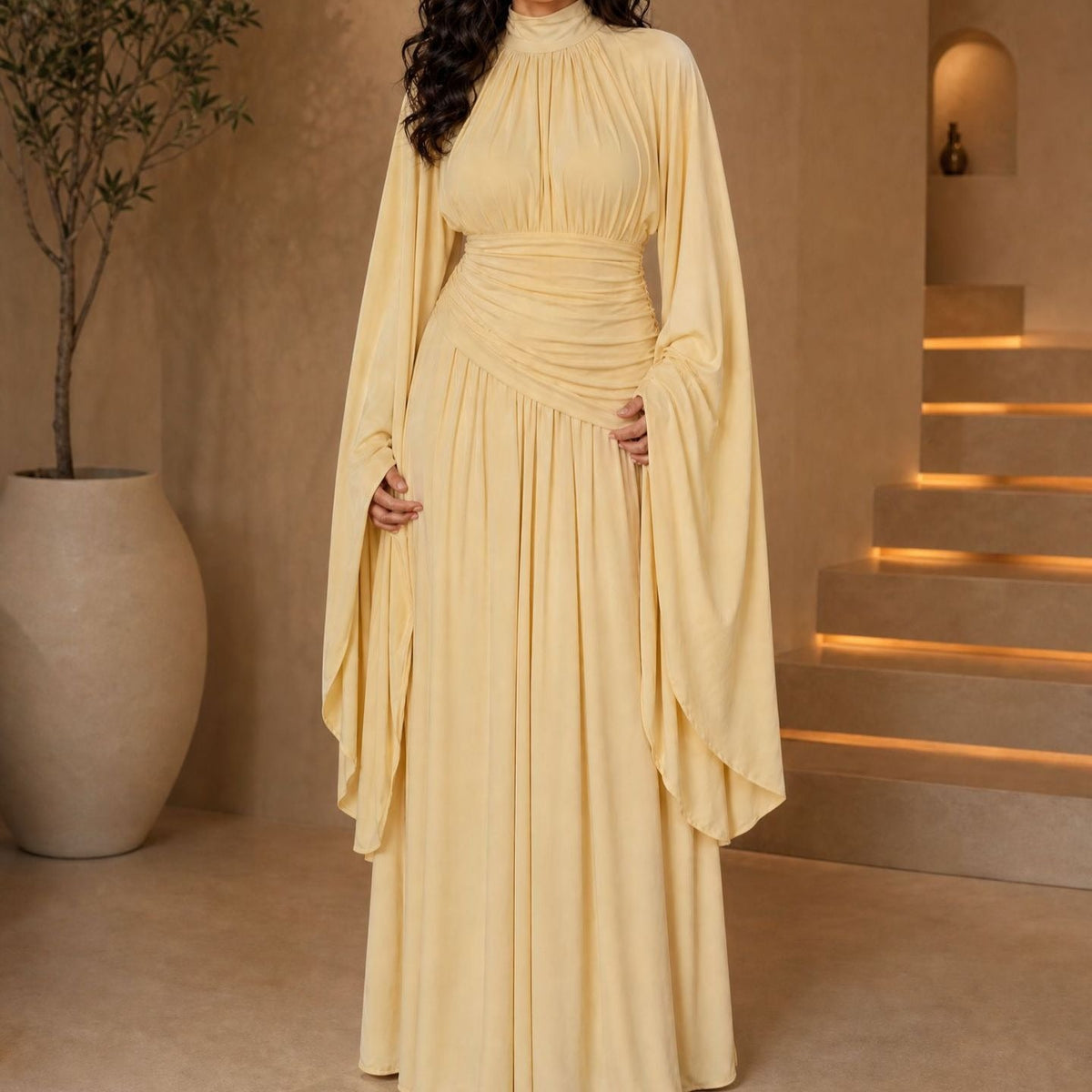 High-Neck Ruched Waist Modest Maxi Dress(MS538) - Mariam's Collection
